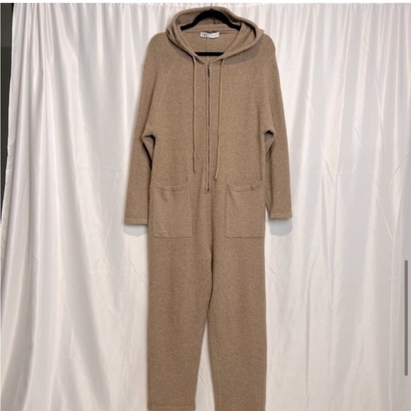 Zara Knit Camel Zip-Up Hooded Jumpsuit - Picture 7 of 8